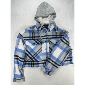 Spoon Jeans Womens Blue Plaid Cropped Hooded Flannel Shacket XL/1X